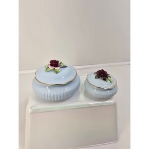 Royal Adderley England Bone China Trinket Boxes Blue with Rose Lid Set of 2
